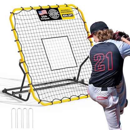 Baseball Rebounder Net, 4x4.5FT Volleyball Pitchback with 3 Adjustable Angles, Baseball & Softball Bounce Back Net for Ground, Line Drive, Fly Ball Return Settings Fielding Trainer
