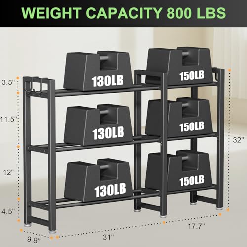 800LBS Capacity Multifunctional Home Gym Storage Rack with Side Hooks, Heavy Duty Adjustable Weight Storage Rack for Dumbbells Kettlebells Yoga Mat, Space Saving Workout Equipment Storage Organizer