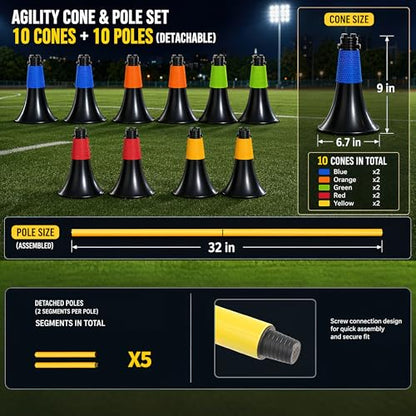 9 Inch Agility Training Cones with Poles, 10PCS Set Soccer Basketball Practice Cones for Speed Footwork and Coordination Drills