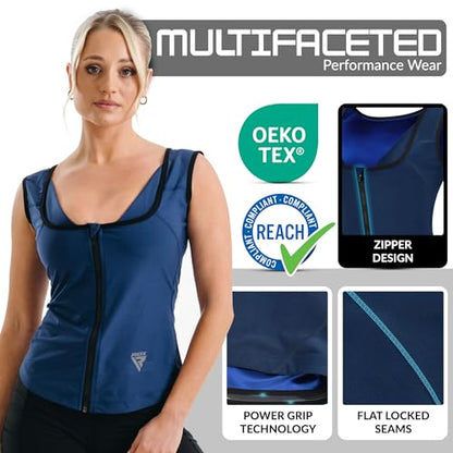 RDX Women’s Sauna Vest Heat Trapping Sweat Waist Trainer - Reach Oeko TEX 100 Certified Body Shaper - color: Navy Blue Zipper, size: Medium
