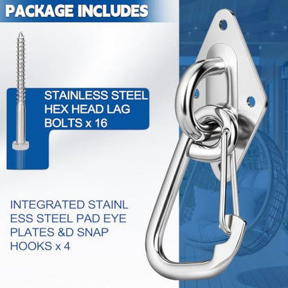 Heavy Duty Hammock Hooks Hanging Kit - Stainless Steel Pad Eye Hooks with Mounting Screws for Ceiling Wall Swing Anchor - 3600lbs Load Bearing Hardware for Indoor Outdoor TRX Gym DIY Projects