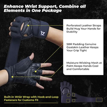 OOZi Fingerless Workout Gloves for Men Women with Wrist Wrap Support for Weight Lifting, Gym, Workout, Exercise, Fitness Training, Durable Genuine Leather Palm Grips