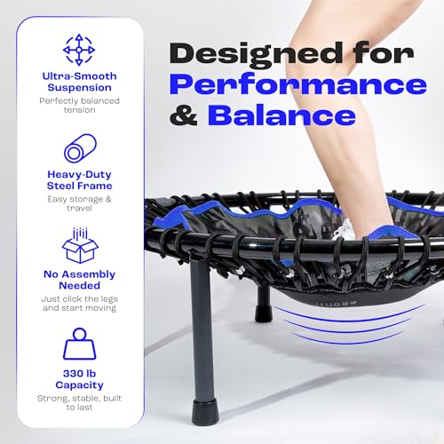MXL Maximus PRO Bungee Rebounder - Premium 40" Indoor Mini Trampoline for Adults, Quiet Soft Bounce with 60 Connectors, Foldable Legs, DVD & Online Workouts, 400lb - style: With T Bar