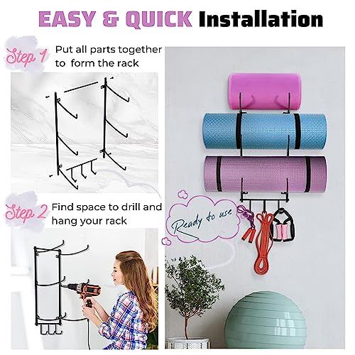 Yes4All 3-Tier and 5-Tier Steel Yoga Mat Rack Organizer Wall Mount with 3 Hooks, Foam Roller Holder Wall Mount Rack For Yoga Mat Storage, Hanging Yoga Strap and Resistance Bands