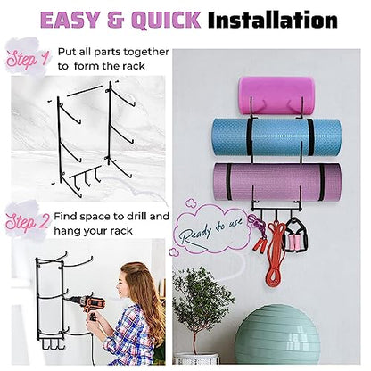 Yes4All 3-Tier and 5-Tier Steel Yoga Mat Rack Organizer Wall Mount with 3 Hooks, Foam Roller Holder Wall Mount Rack For Yoga Mat Storage, Hanging Yoga Strap and Resistance Bands