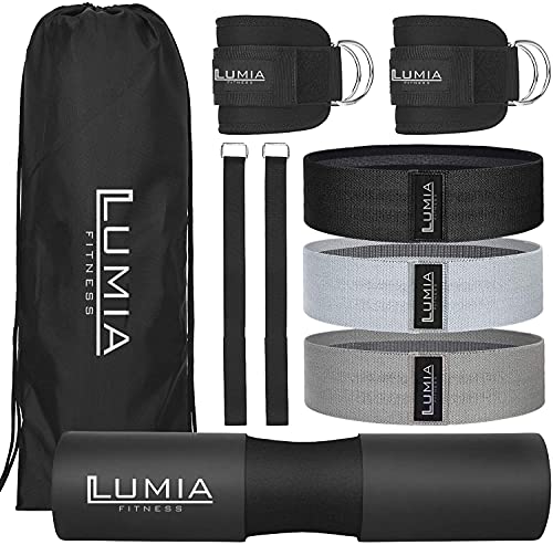 7 Piece Glute Workout Kit, Barbell Squat Pad, 3 Fabric Resistance Bands, 2 Ankle Straps, Carry Bag - Gym Accessories for Men and Women