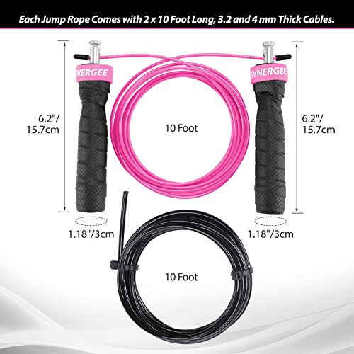 Synergee Hot Pink Jump Rope - (2) Adjustable 10 Ft Cable - Steel Ball Bearings - For CrossFit, MMA, Boxing & Fitness, Anti-Slip Handles