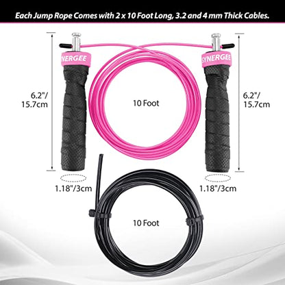 Synergee Hot Pink Jump Rope - (2) Adjustable 10 Ft Cable - Steel Ball Bearings - For CrossFit, MMA, Boxing & Fitness, Anti-Slip Handles