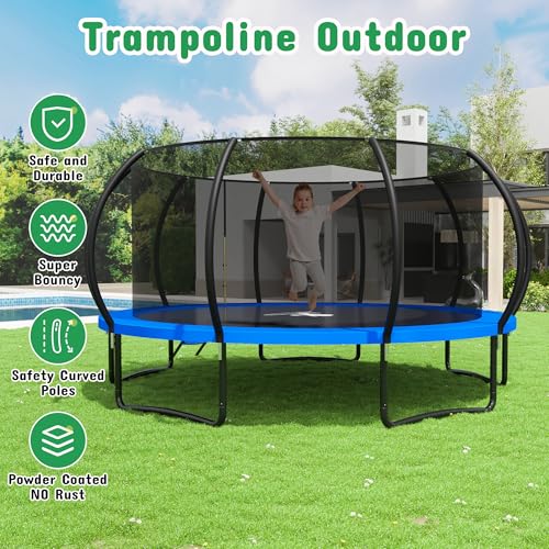 8FT 10FT 12FT 14FT 16FT Outdoor Trampoline with Safety Enclosure Net - color: Blue, size: 16 FT