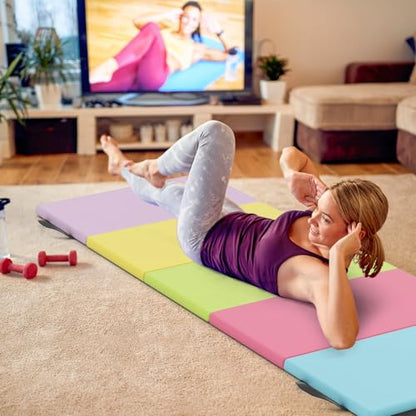 GYMAX Gymnastics Mat, 5-Panel Folding Tumbling Mat with Carrying Handles, 4-Side Hook & Loop Fasteners, Waterproof PU Cover, Exercise Mat for Home, Gym, Yoga, Stretching - color: Pastel
