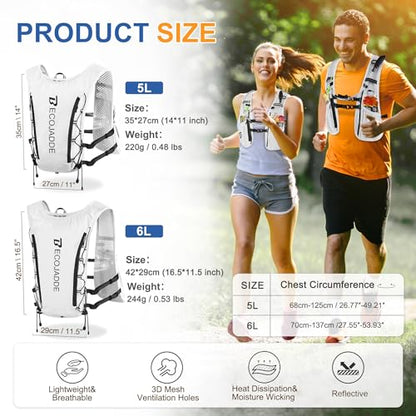 BECOJADDE Running Vest for Women Men, 5L/6L Lightweight Hydration Backpack Running Pack for Marathon, Trail, Cycling, Hiking, Jogging - color: White