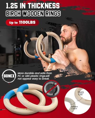 Gonex Wooden Gymnastic Rings with Adjustable Number Straps, Olympic Rings for Gym, Workout, Exercise, Outdoor Training, Quick Install Carabiner, 8.7 ft Straps Pull Up Non-Slip Rings
