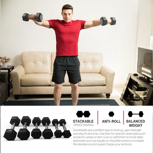 HolaHatha Hexagonal Rubber Dumbbell Weights Set, Home Gym Equipment - style: 15lb Pair