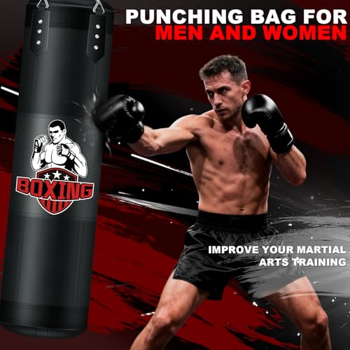 Punching Bag for Adults, 4FT PU Heavy Boxing Bags with Chain Ceiling Hook, Hanging Boxing Bag for Kickboxing Muay Thai Karate Judo Taekwondo Home Gym Training, Unfilled - style: Fighter
