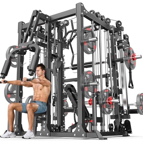 XGSW Smith Machine Home Gym, Multi-Function Power Cage with Dual Pulley Cable Crossover System,Squat Rack for Full-Body Workouts - color: L07, size: Black---Smith Machine+bench