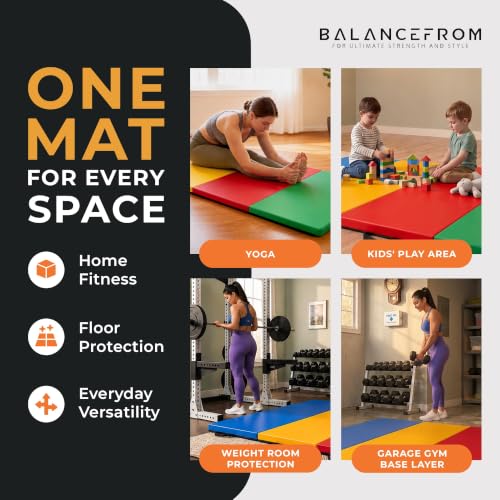 BalanceFrom 10x4 Feet 4-Panel Folding Gymnastics Mat – 2-Inch Thick Pad with Vinyl Surface and Carrying Handles for Tumbling, Yoga, Pilates, Home Workouts, and Martial Arts - color: Multi-Color