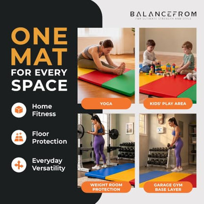 BalanceFrom 10x4 Feet 4-Panel Folding Gymnastics Mat – 2-Inch Thick Pad with Vinyl Surface and Carrying Handles for Tumbling, Yoga, Pilates, Home Workouts, and Martial Arts - color: Multi-Color
