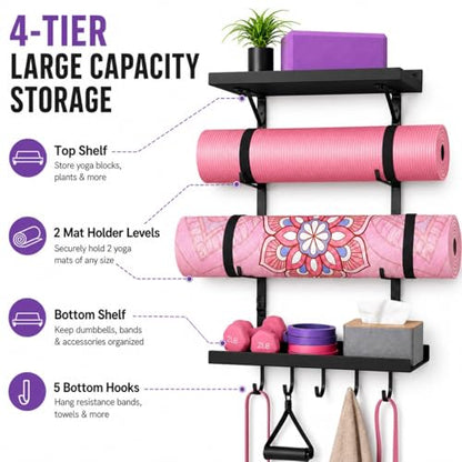 Yoga Mat Holder Wall Mount, Yoga Mats Rack with Double Floating Shelves, Yoga Accessory Storage Rack with 5 Hooks for Resistance Bands and Workout Equipment for Home Gym Storage, Black