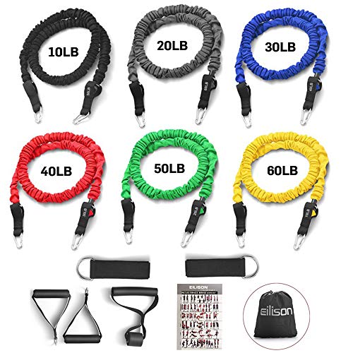 Resistance Band Kit with Heavy Duty Protective Sleeves for Safe Workout and Soft Anti-Slip Foam Handle, Door Anchor, Ankle Strap for Men and Women Stackable