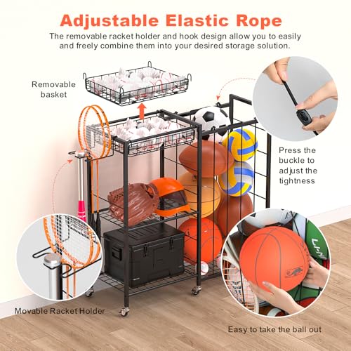 Multi-Functional Sports Equipment Organizer with Elastic Rope, Removable Basket & Racket Holders - Heavy-Duty Organizer for Balls, Tennis/Badminton Rackets - Ideal for Garage, Home Gym & Playroom