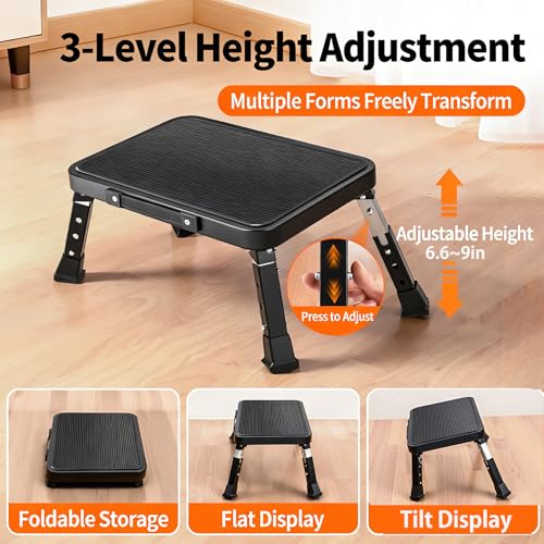 Foldable RV Step Stool, Adjustable Height 6.7-9.1in,Heavy Duty Metal Step Ladder with Wide Non-Slip Platform, Portable for Camping Home Office Use,Single Step Stool Supports 500lbs（Black）