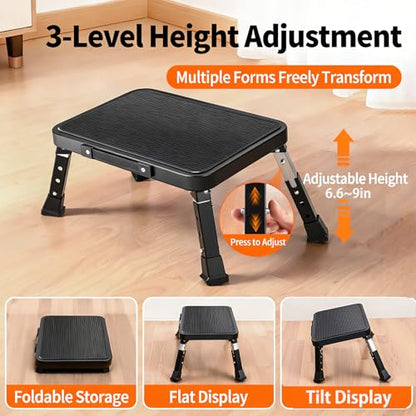 Foldable RV Step Stool, Adjustable Height 6.7-9.1in,Heavy Duty Metal Step Ladder with Wide Non-Slip Platform, Portable for Camping Home Office Use,Single Step Stool Supports 500lbs（Black）