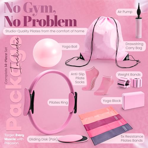 14-Piece Pink Pilates Kit for Women | Yoga Blocks | Magic Circle | Pilates Ball | Ankle Weights | 5 Resistance Bands | Pilates Sliders | At Home Pilates Kit | Beginner Pilates Equipment Set
