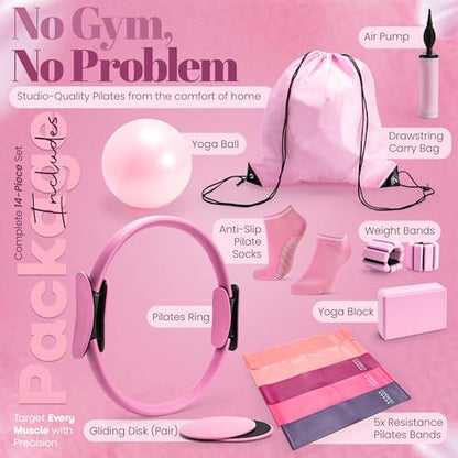 14-Piece Pink Pilates Kit for Women | Yoga Blocks | Magic Circle | Pilates Ball | Ankle Weights | 5 Resistance Bands | Pilates Sliders | At Home Pilates Kit | Beginner Pilates Equipment Set