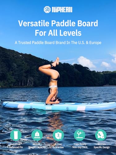 Niphean Extra Wide Paddle Board with StabilTrac Fin, Stable Inflatable Paddle Board with SUP Accessories, 10' Rigid Stand Up Paddle Board Extended Non-Slip EVA Deck for Yoga, Adults and Beginners