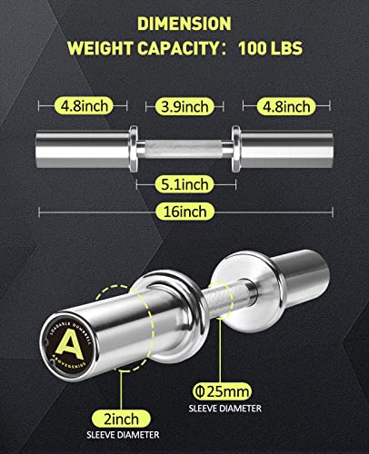 16" Olympic Dumbbell Handles, Solid Steel Loadable Weight Bars for 2-Inch Plates, Adjustable Home Gym Strength Training Equipment (Includes 4 Spring Collars)