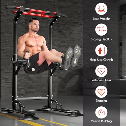 DlandHome Pull Up Bar Power Tower Dip Station, Height Adjustable Heavy Duty Workout Dip Stand, Multi-Functional Strength Training Machine for Men Women Home Gym - color: Black with Ropes