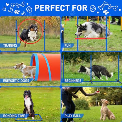 Dog Agility Equipment, Dog Agility Course Backyard Set Obstacle Course Backyard Includes Adjustable High Hurdle,6 Weave Poles,Extended Tunnel,Jump Ring,Square Pause Box,2 Balls,Whistle,2 Carrying Bags - size: 10 PCS Upgrade with tunnel