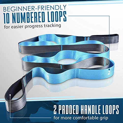 Yoga Stretching Strap | 12 Loops Non-Elastic Stretching Yoga Strap | Stretching Band for Physical Therapy, Home Workout Exercises, Pilates & Dance | Includes Carrying Bag & Workout Guide