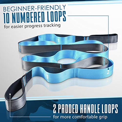 Yoga Stretching Strap | 12 Loops Non-Elastic Stretching Yoga Strap | Stretching Band for Physical Therapy, Home Workout Exercises, Pilates & Dance | Includes Carrying Bag & Workout Guide