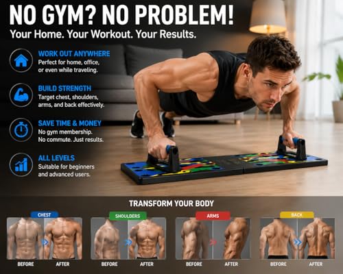 Push Up Board Fitness System, Portable Home Gym Workout Equipment with Resistance Handles, for Chest, Shoulders, Triceps & Back