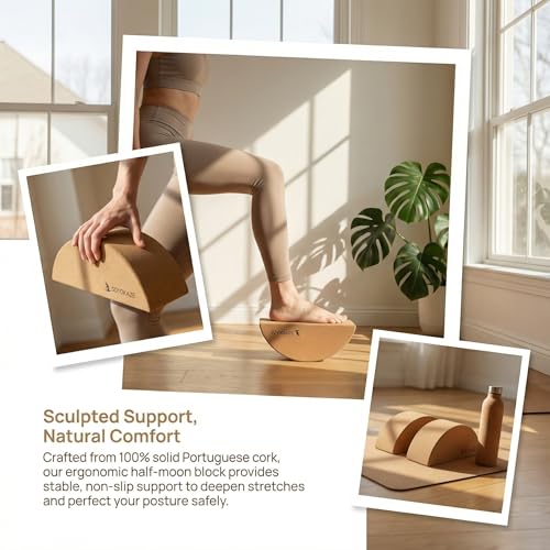 Cork Yoga Blocks 2 Pack Set,Half-Moon Calf Stretcher for Plantar Fasciitis Relief, Ankle Stretcher Pilates Block and Lower Leg Exercise,Improve Balance, Stability & Foot Mobility