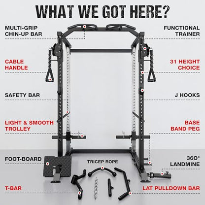 DP01 Power Cage, 2000LBS Squat Rack with Cable Crossover and Dual Independent Pulley System, Full Cage for Full Body Training, Power Rack with More Training Attachments for Home Gym