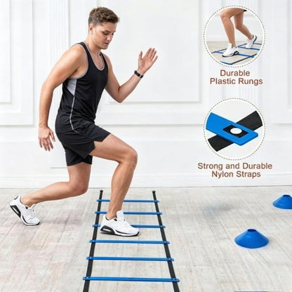 DZS Ladder Speed Football Training Equipment Set-20ft Agility Ladder，10Soccer Cones,4 Hurdles, Jump Rope, Running Parachute. Basketball Football Soccer Training Equipment for Adults.