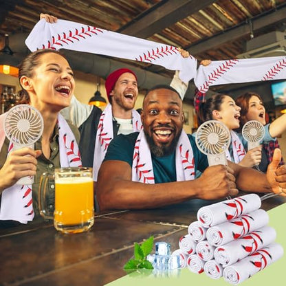 Retisee 24 Pcs Baseball Cooling Towel Mini Portable Fan Set 32 x 12 Inch Workout Towels Handheld Battery Powered Fan Sporting Baseball Gifts for Summer Team Gift Travel Camping Makeup Yoga Running
