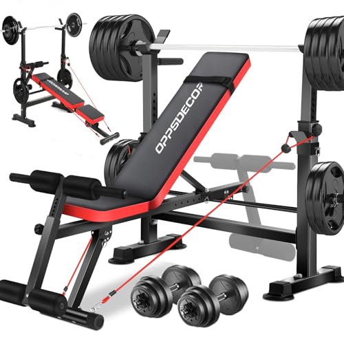 Standard Weight Bench Set with Foot Catch, Adjustable Bench Press Set with Squat Rack, Foldable Flat Incline Decline Workout Bench for Home Gym Full Body Training, 660LB Capacity (US Stock)