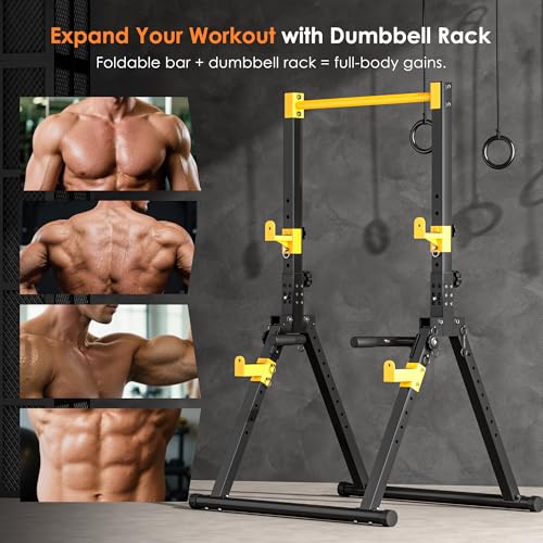 SogesPower Power Tower Pull Up Bar Station, Foldable Pull Up Dip Station Free Standing for Home Gym,Adjustable Pull Up Bar Stand Dip Bar Strength Training Workout Equipment,Triangular Design - color: Yellow