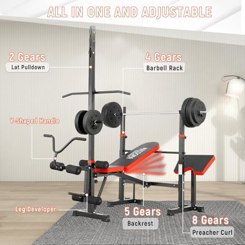 Multi-Function 8 in 1 Foldable Weight Bench Set with Leg Extension/Squat Rack, Adjustable Bench Press for Home Gym.（US Stock） - color: light red
