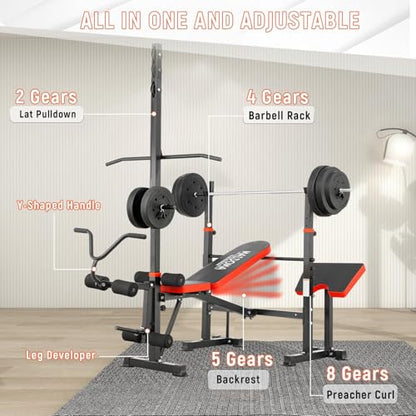 Multi-Function 8 in 1 Foldable Weight Bench Set with Leg Extension/Squat Rack, Adjustable Bench Press for Home Gym.（US Stock） - color: light red