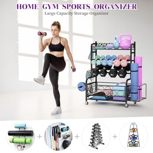Dumbbell Rack, VOPEAK Adjustable Weight Rack for Home Gym, Home Gym Storage Rack for Yoga Mat Kettlebells and Strength Training Equipment, Weight Storage Rack for Dumbbells with Wheels