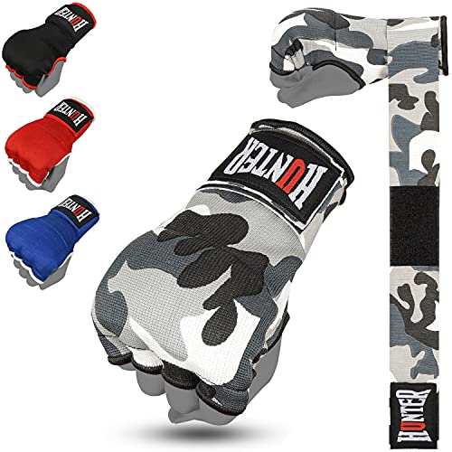HUNTER Gel Boxing Hand Wraps for Men & Women, Quick Inner Gloves with Wrist Support for MMA, Muay Thai, Kickboxing & Martial Arts Training, Knuckle Protection (Pair) - color: Gray Camo, size: Small-Medium
