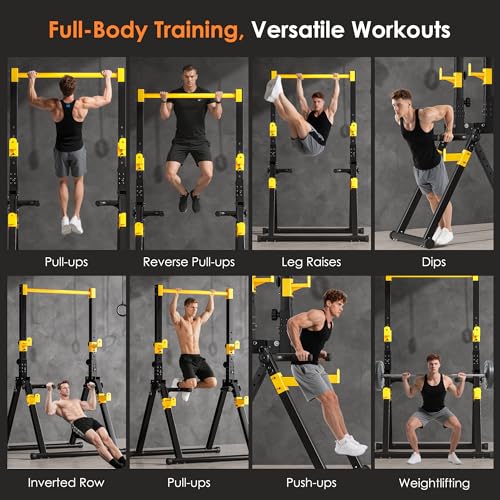 SogesPower Power Tower Pull Up Bar Station, Foldable Pull Up Dip Station Free Standing for Home Gym,Adjustable Pull Up Bar Stand Dip Bar Strength Training Workout Equipment,Triangular Design - color: Yellow