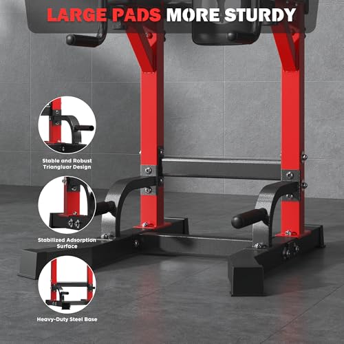 DlandHome Power Tower Pull Up Bar Station, Heavy Duty Adjustable Height for Home Gym Strength Training Equipment 330LBS Weight Capacity, Pull Up Dip Station - color: Red