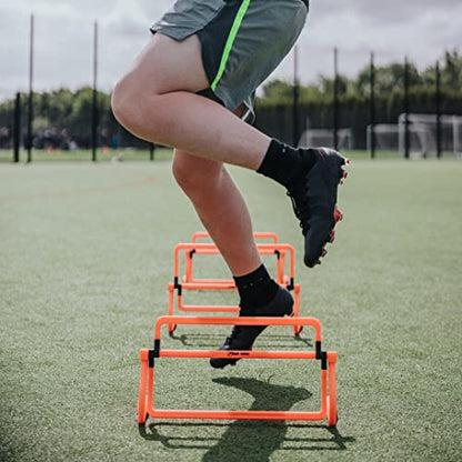 Football Flick Multi Level Mini Speed and Agility Hurdles – Pack of 3 Orange Height Adjustable Multi Sports Hurdles 6 Inches, 9 Inches and 12 Inches - Light Weight Carry Bag Included.