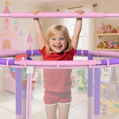 60" 6-in-1 Kids Trampoline, 5ft Mini Toddler Trampoline for Girls Boys - color: Pink&Purple 6-in-1