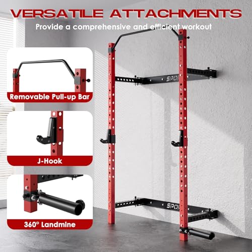 Garvee Folding Squat Rack for Home Gym, 2.36 in x 2.36 in Wall Mounted Foldable Squat Rack with Pull Up Bar, J Hooks and Landmine Attachments, 1000 LBS Capacity Space Saving Weight Power Cage
